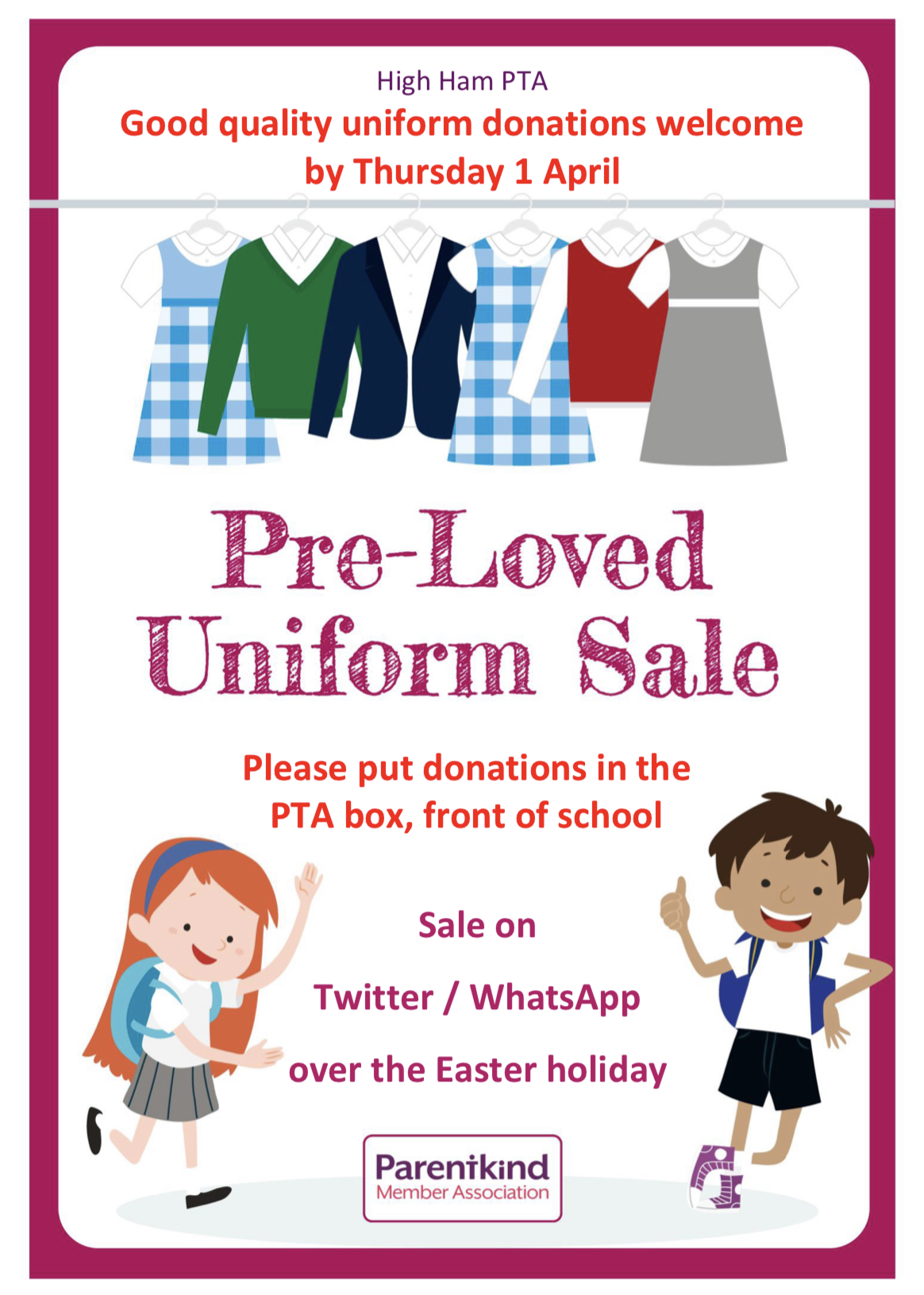 PTA Second Hand Uniform Sale see flyer High Ham Primary School
